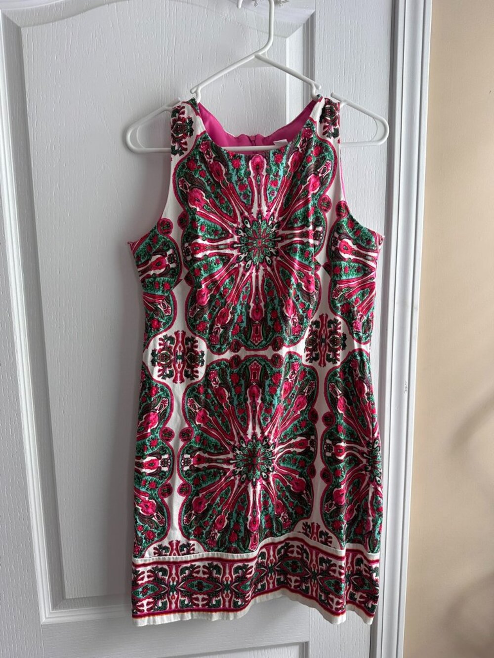 London Times Pink and Green Pattern Sleeveless Shift Dress Size 10